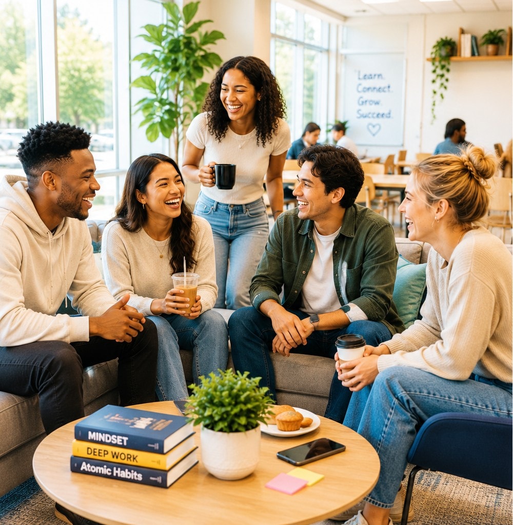 Students laughing together in a bright study lounge