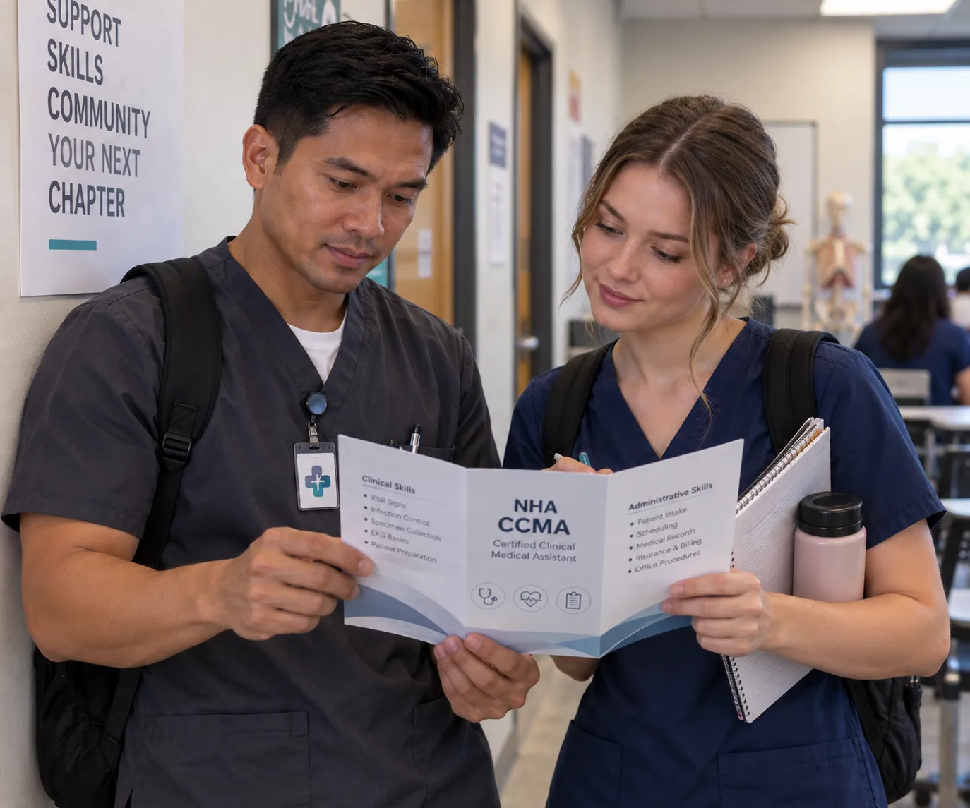 Filipino medical-assisting student and classmate reviewing an NHA CCMA exam outline brochure together in a medical training classroom.