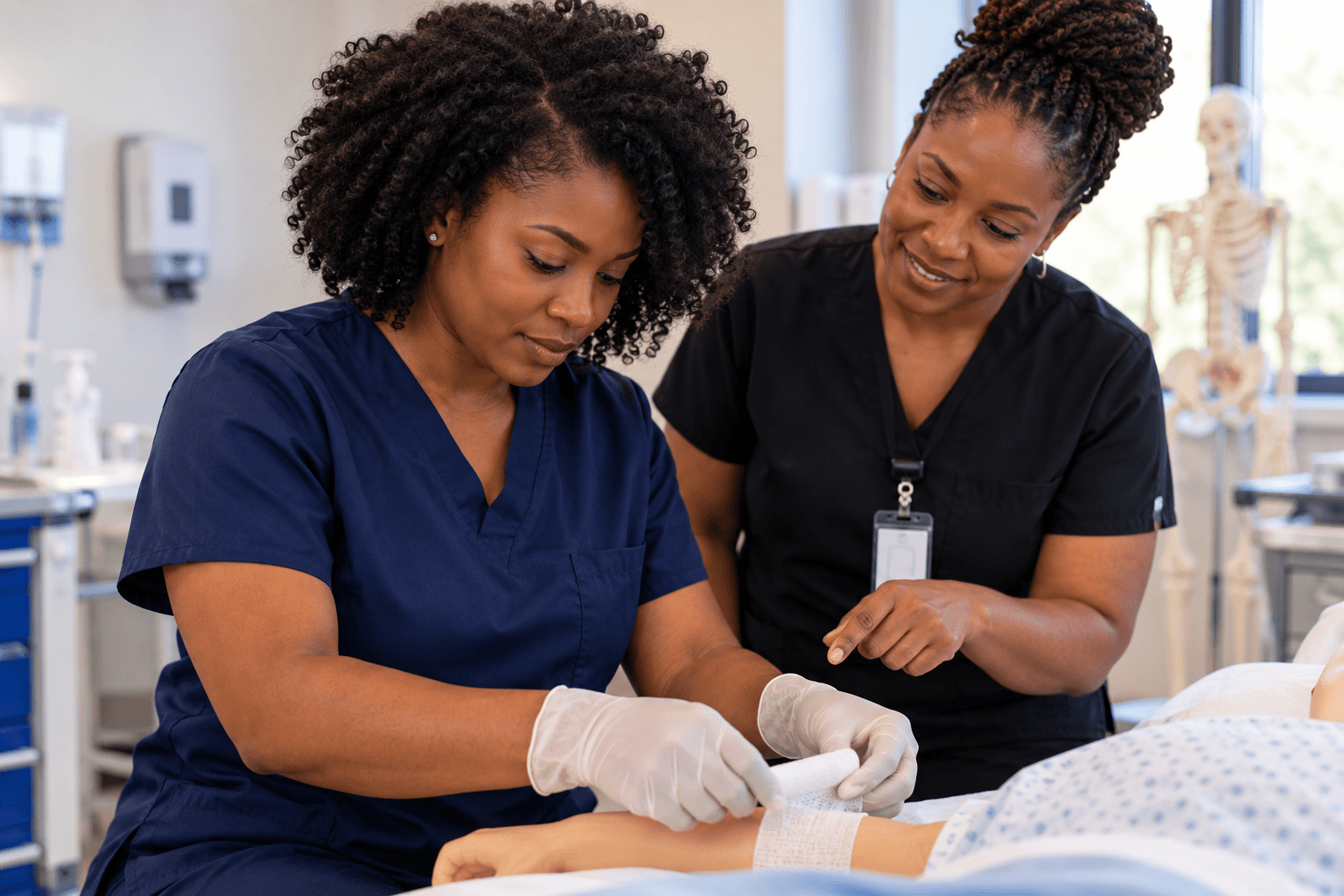 Black CNA candidate practicing a clinical skill on a training mannequin with guidance from an instructor in a medical simulation lab.