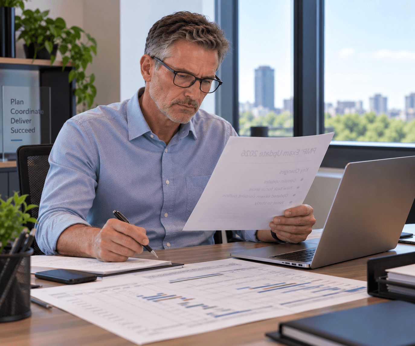 Middle-aged project management professional reviewing 2026 PMP exam updates at his desk alongside project plans and a laptop in a modern office.