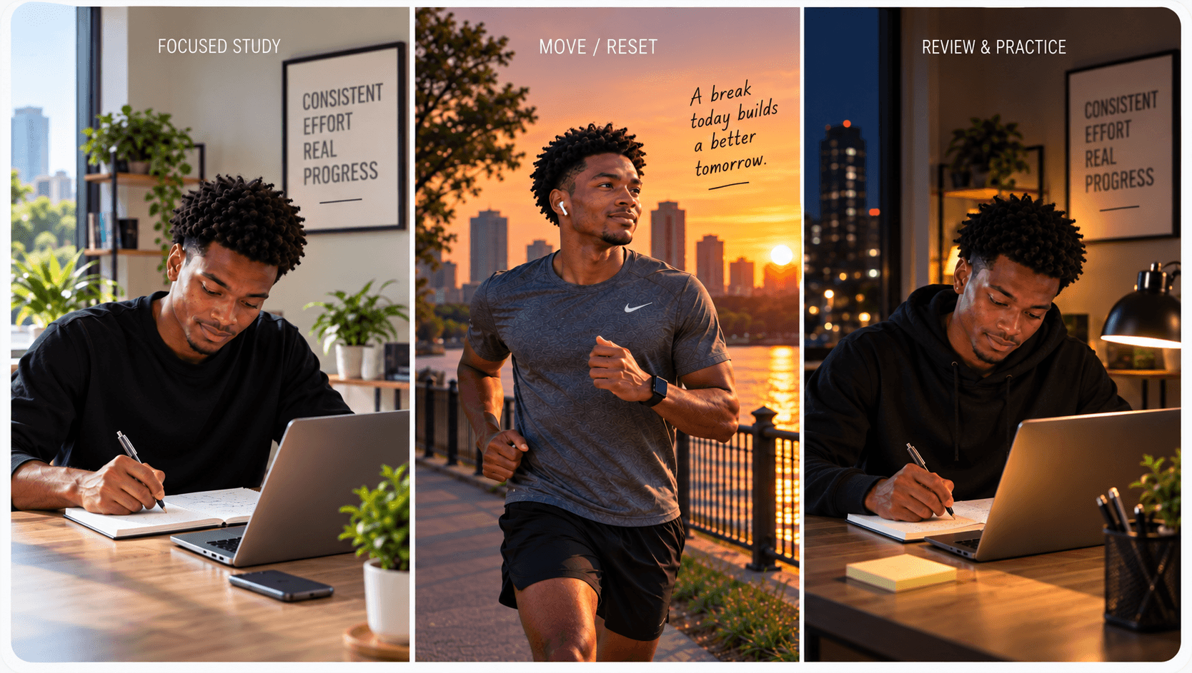 oung Black medical student balancing USMLE Step 1 preparation with morning study, an evening run, and nighttime review to support a consistent, sustainable study routine