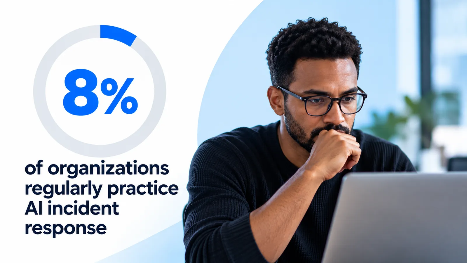 Infographic highlighting ISACA's finding that only 8% of organizations regularly practice AI incident response, featuring a professional reviewing information on a laptop against a clean blue-and-whit