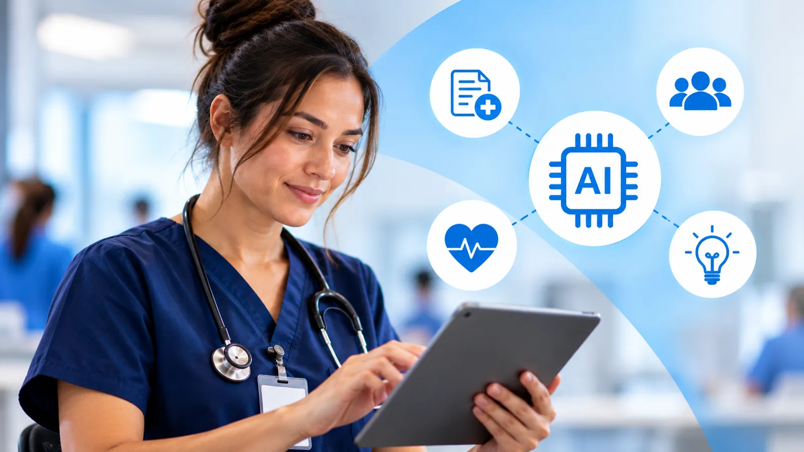 Nurse in navy blue scrubs using a tablet in a hospital setting, alongside an AI graphic with connected icons representing patient care, medical records, collaboration, and healthcare innovation.